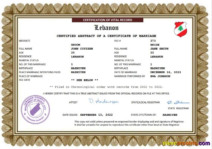 Lebanon marriage certificate